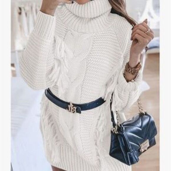 New Turtleneck Oversized Cable Knit Fringed Sweater Dress In Beige White - Picture 4 of 4
